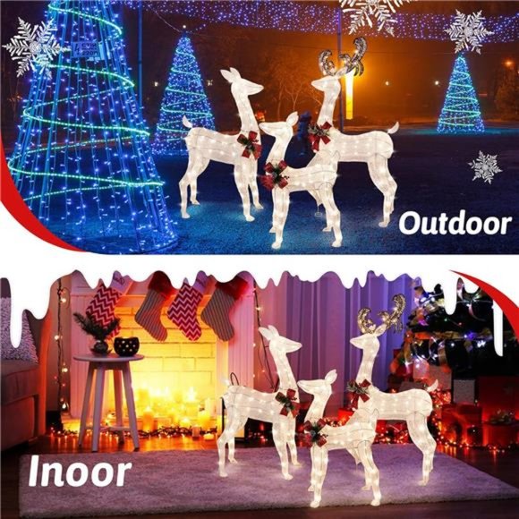 3-Pcs LED Lighted Christmas Deer Outdoor, 3DChristmas Reindeer Decor w/ 360 LED - Picture 4 of 6